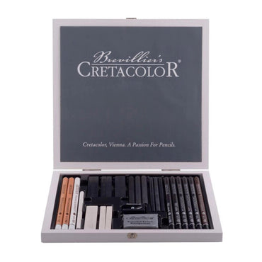 Cretacolor Black &amp; White Charcoal Set of 25 Pcs in Wooden Box The Stationers